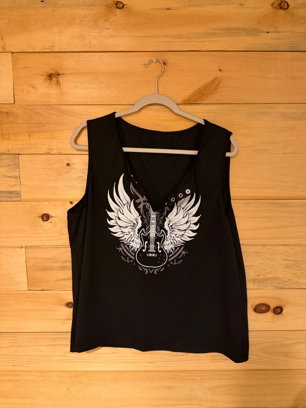 SHEIN Black Tank Top with White Winged Guitar Print